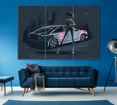 Fashion Girl with Sports Car Canvas Print ArtLexy 3 Panels 36"x24" inches 