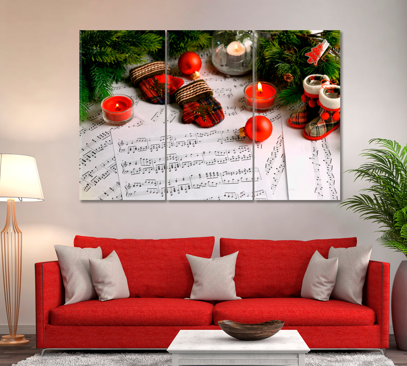 Music Notes with Christmas Decoration Canvas Print ArtLexy 3 Panels 36"x24" inches 