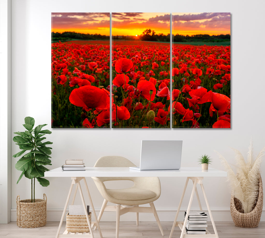 Meadow of Red Poppies Canvas Print ArtLexy 3 Panels 36"x24" inches 