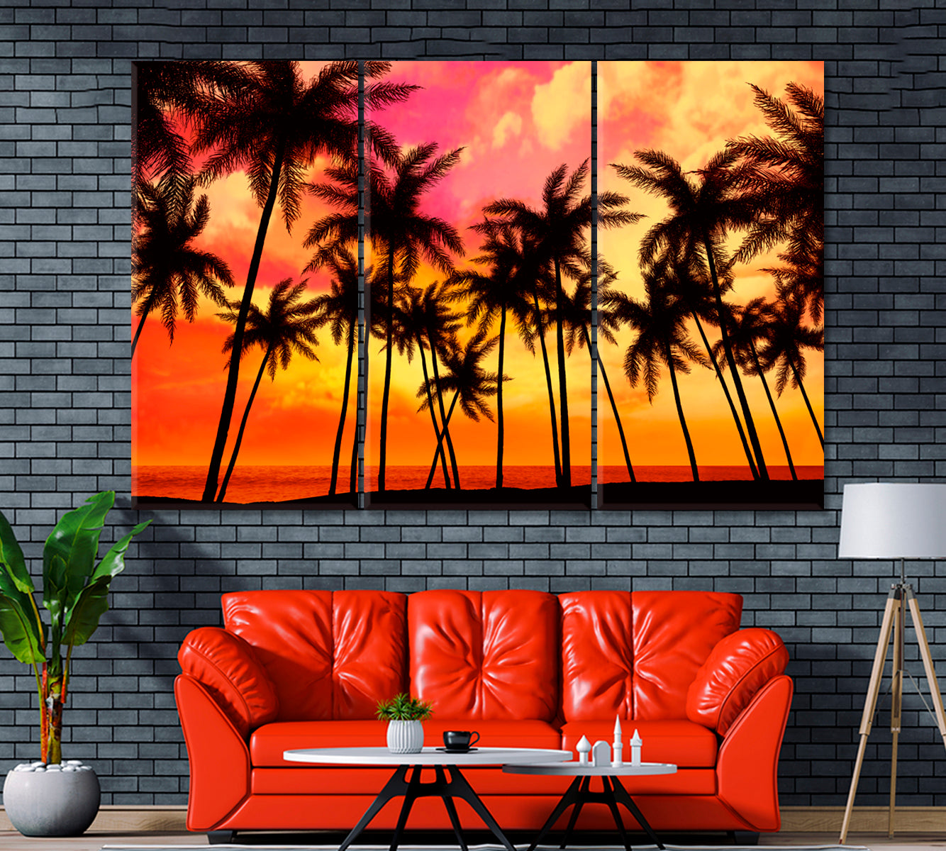 Palms at Sunset Canvas Print ArtLexy 3 Panels 36"x24" inches 