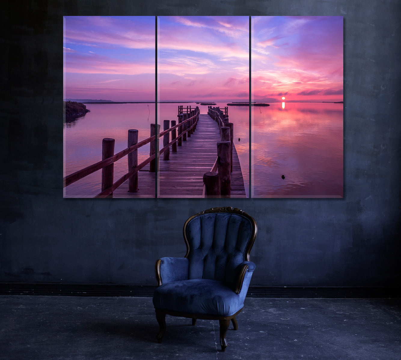 Beautiful Sunset with Wooden Pier Portugal Canvas Print ArtLexy 3 Panels 36"x24" inches 