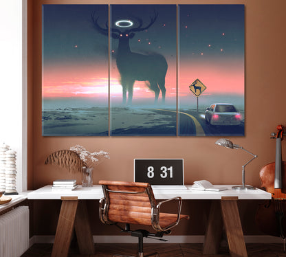 Giant Deer Save Animals from Roadkill Canvas Print ArtLexy 3 Panels 36"x24" inches 
