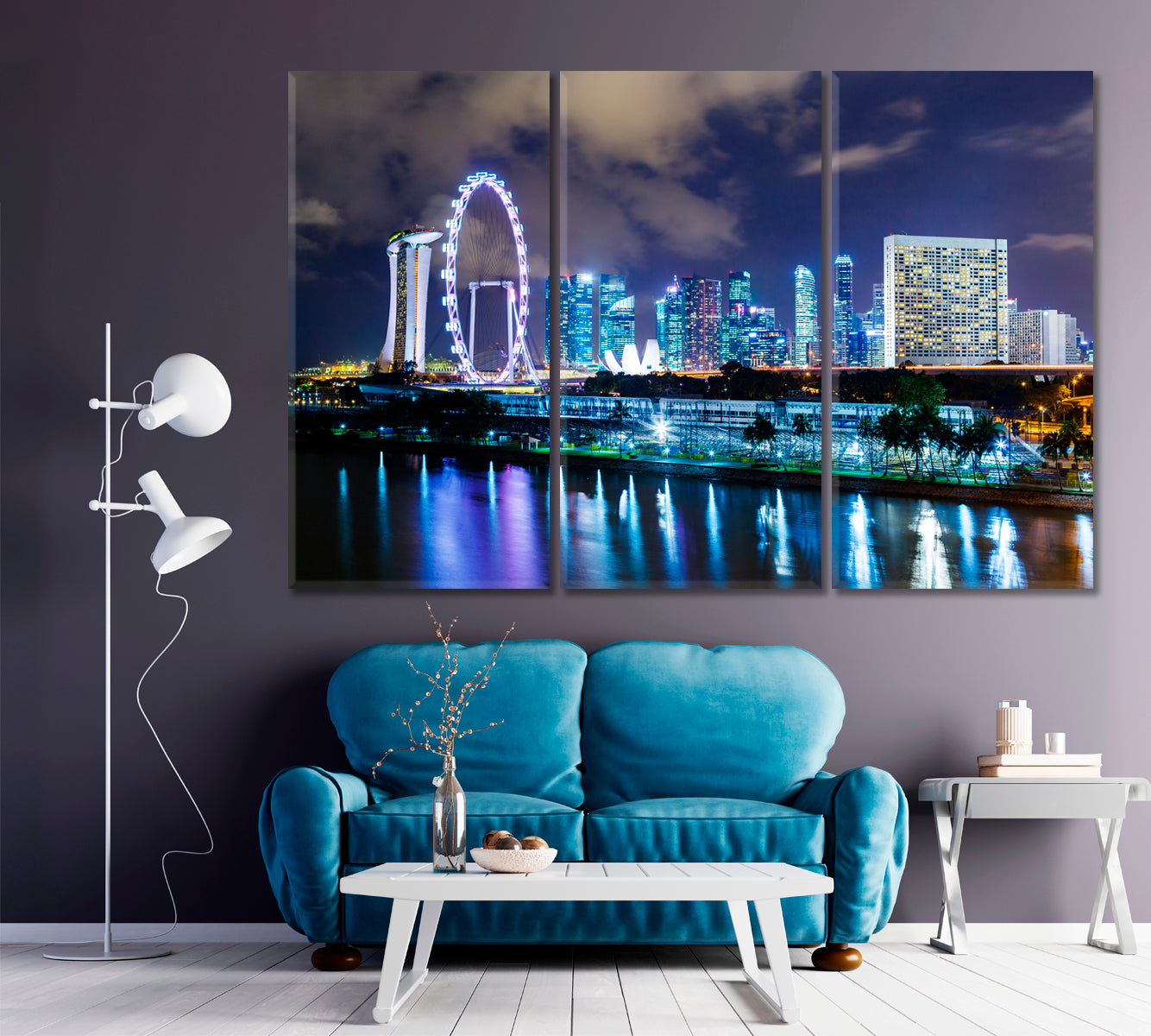 Singapore City Skyline at Night Canvas Print ArtLexy 3 Panels 36"x24" inches 