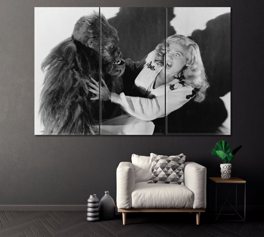Retro Snapshot Terrified Woman Attacked by Gorilla Canvas Print ArtLexy 3 Panels 36"x24" inches 