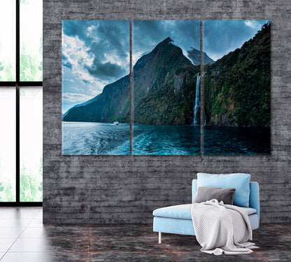 Milford Sound Waterfalls Canvas Print ArtLexy 3 Panels 36"x24" inches 