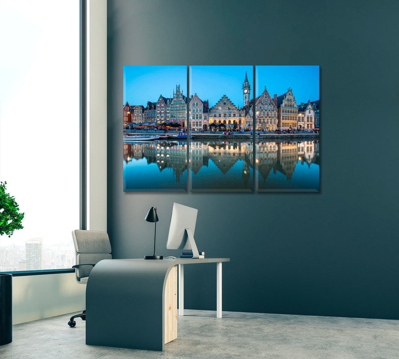 Ghent Belgium at Twilight Canvas Print ArtLexy 3 Panels 36"x24" inches 