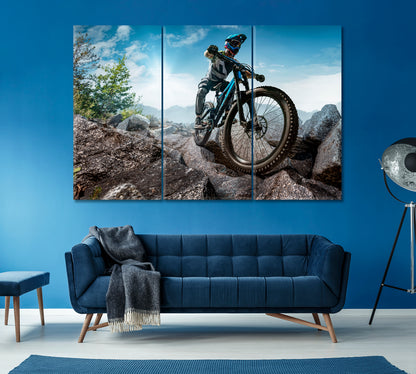 Mountain Biker on Stone Forest Trail Canvas Print ArtLexy 3 Panels 36"x24" inches 