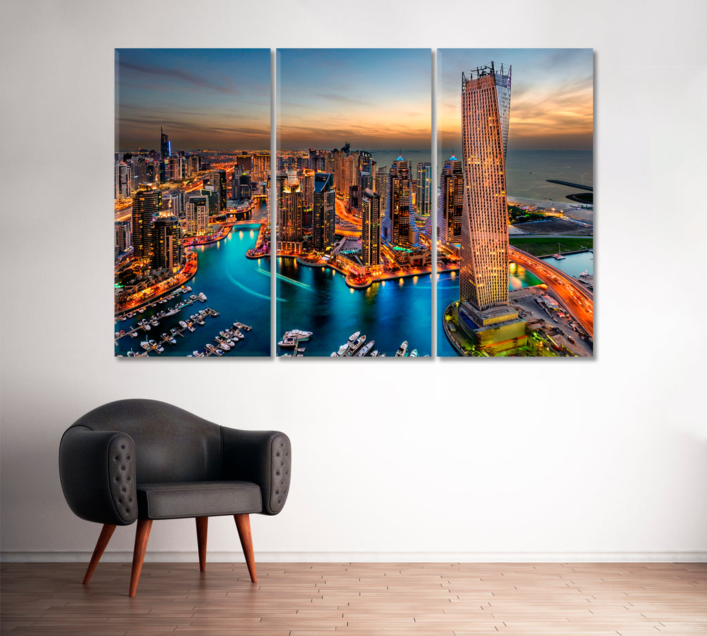 Dubai Marina Skyline At Night Canvas Print ArtLexy 3 Panels 36"x24" inches 
