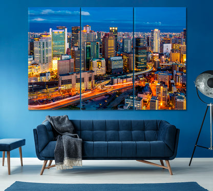 Osaka City at Dusk Japan Canvas Print ArtLexy 3 Panels 36"x24" inches 