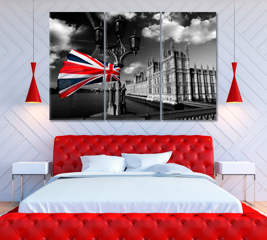 Houses of Parliament with Flag of England London Canvas Print ArtLexy 3 Panels 36"x24" inches 