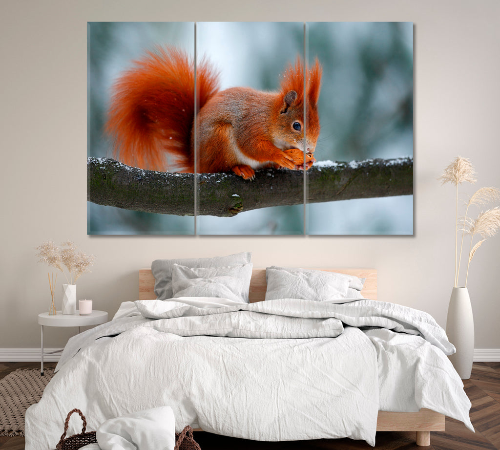 Cute Squirrel Eats a Nut Canvas Print ArtLexy 3 Panels 36"x24" inches 