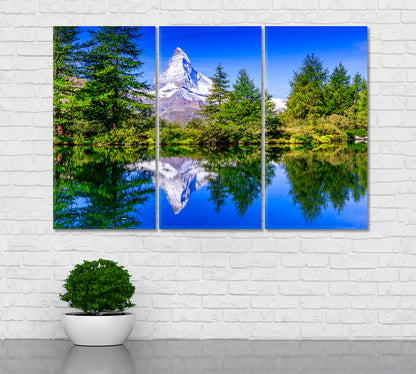 Matterhorn Mountain with Trees Reflection on Lake Switzerland Canvas Print ArtLexy 3 Panels 36"x24" inches 