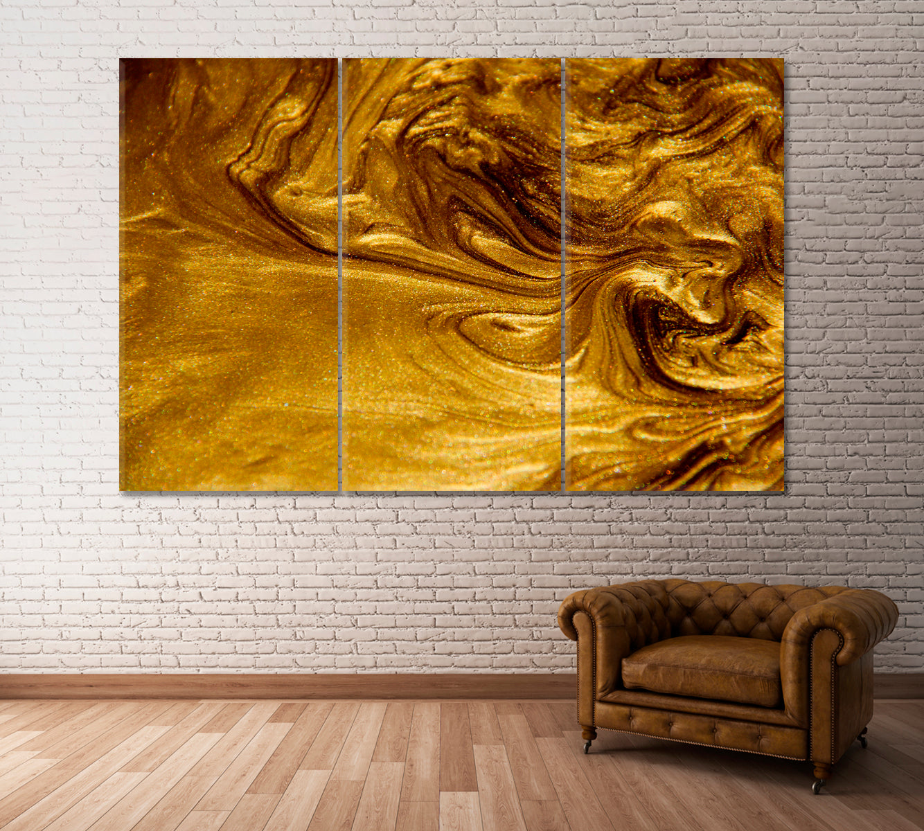Abstract Gold Waves Canvas Print ArtLexy 3 Panels 36"x24" inches 