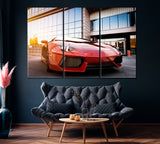 Red Sports Car near Office Building Canvas Print ArtLexy 3 Panels 36"x24" inches 
