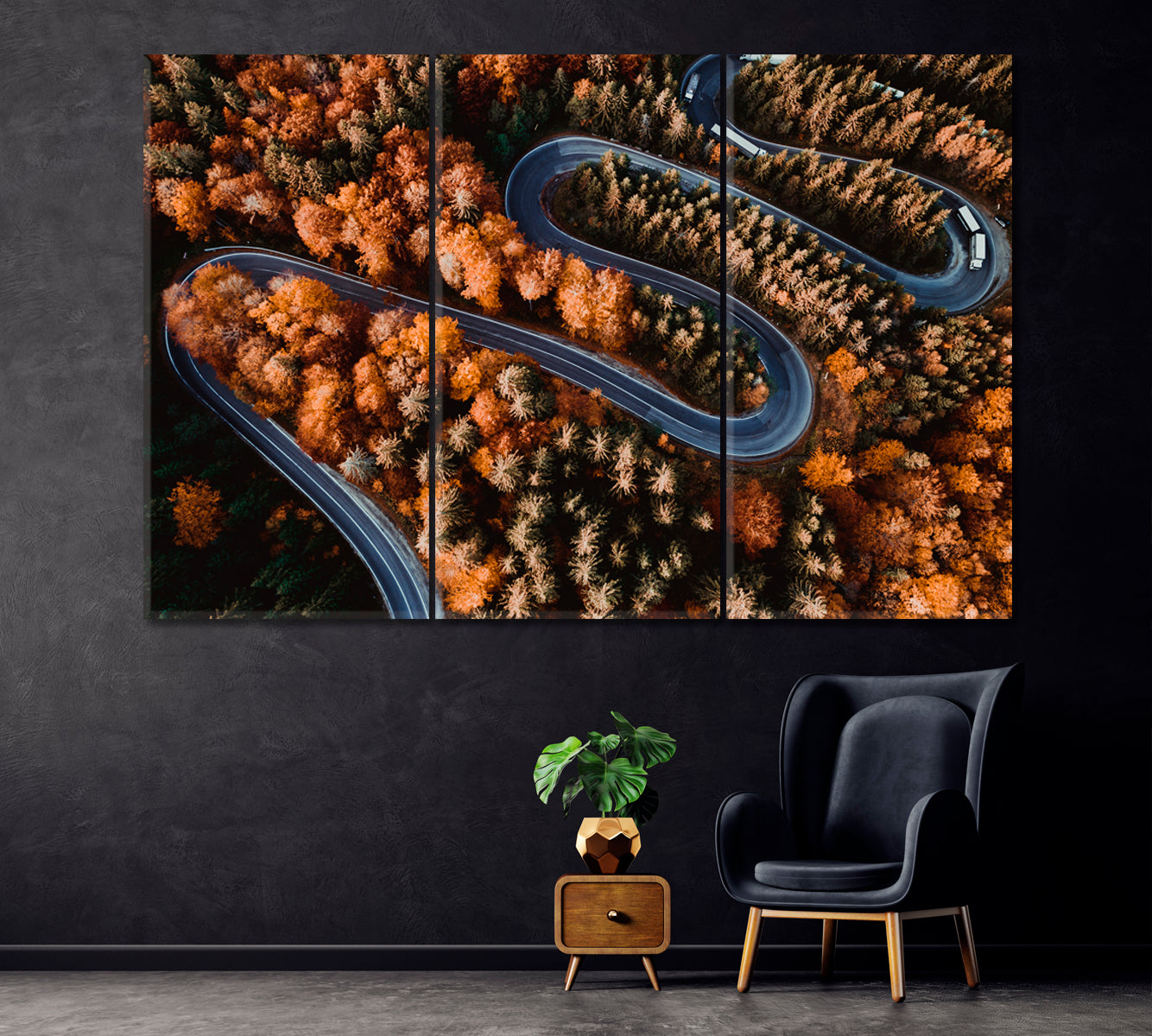 Curvy Road in Autumn Forest Canvas Print ArtLexy 3 Panels 36"x24" inches 