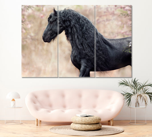 Black Friesian Horse Canvas Print ArtLexy 3 Panels 36"x24" inches 