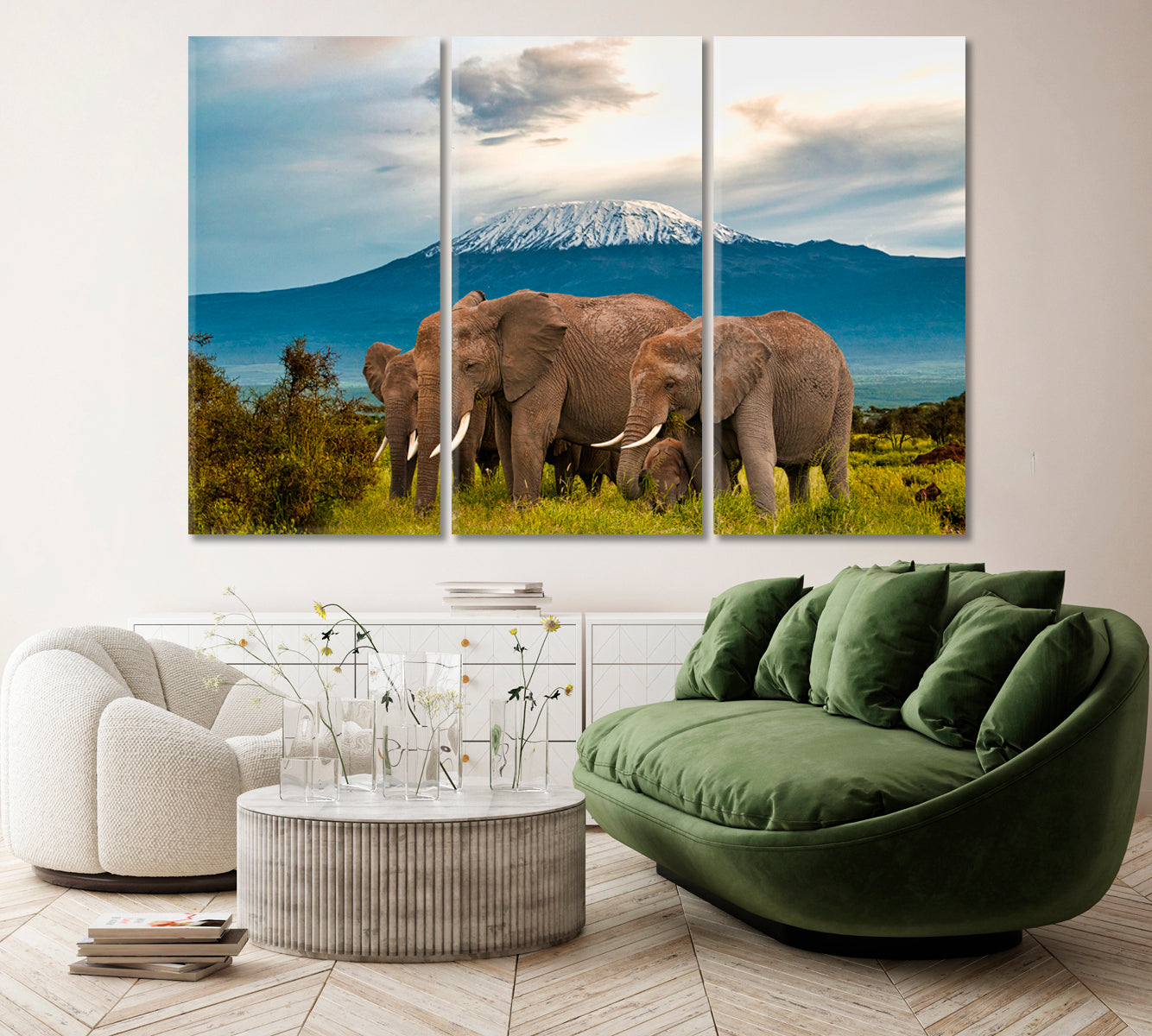 Elephants in Amboseli National Park Canvas Print ArtLexy 3 Panels 36"x24" inches 