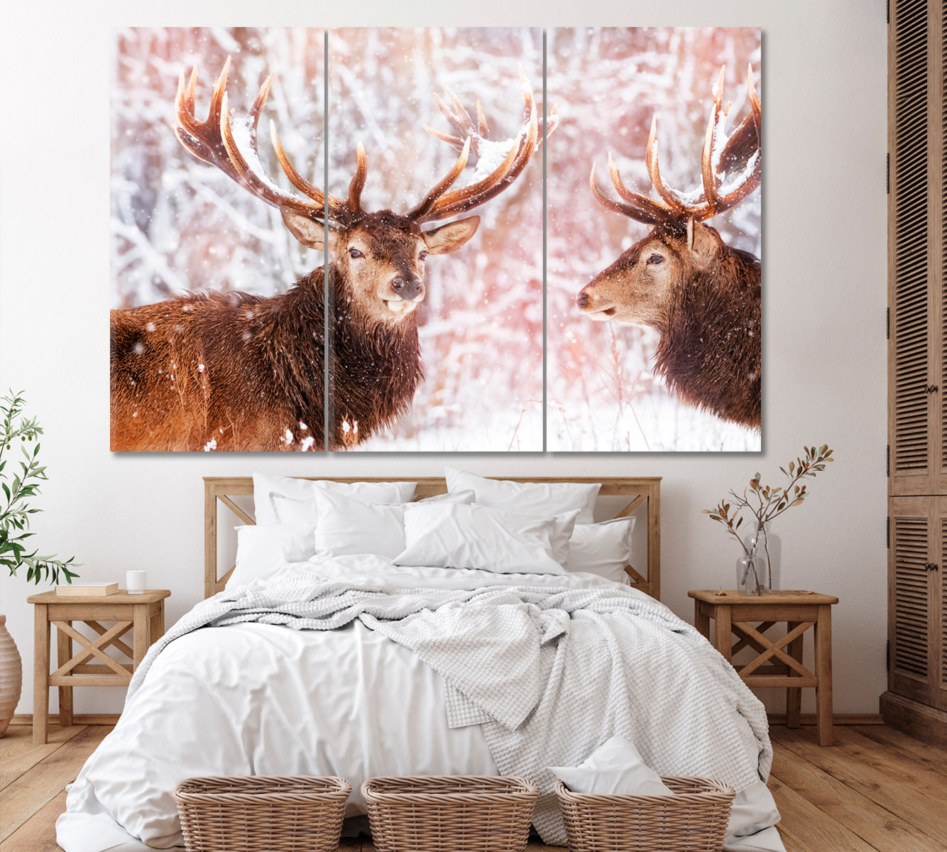 Two Deer in Winter Forest Canvas Print ArtLexy 3 Panels 36"x24" inches 