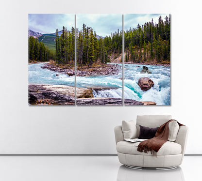 Sunwapta Falls in Jasper National Park Canada Canvas Print ArtLexy 3 Panels 36"x24" inches 