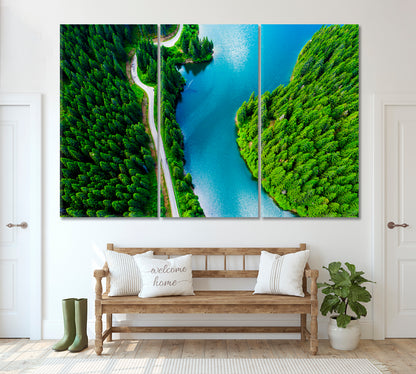 Mountain Lake and Pine Trees Forest Canada Canvas Print ArtLexy 3 Panels 36"x24" inches 