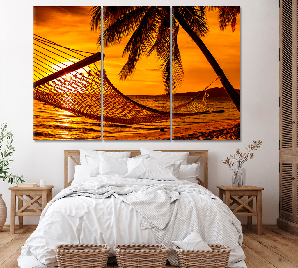 Hammock and Palm Trees on Tropical Beach at Sunset Hawaii Canvas Print ArtLexy 3 Panels 36"x24" inches 