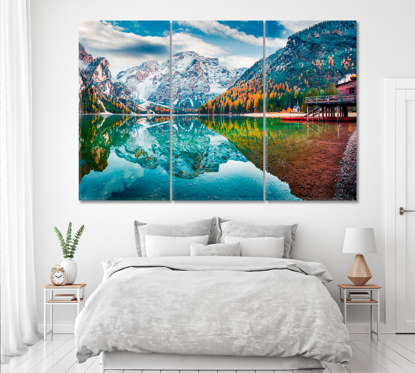 Braies Lake with Seekofel Mount Italian Alps Canvas Print ArtLexy 3 Panels 36"x24" inches 