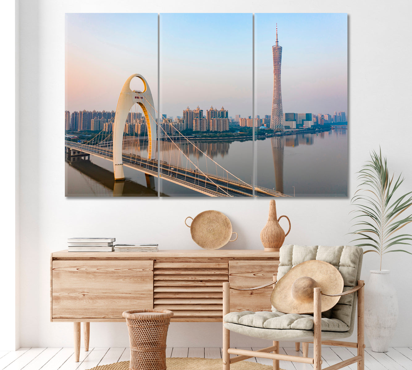 Guangzhou Cityscape and Pearl River Canvas Print ArtLexy 3 Panels 36"x24" inches 