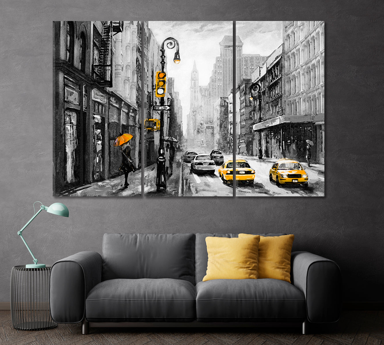 New York with Yellow Taxi Canvas Print ArtLexy 3 Panels 36"x24" inches 