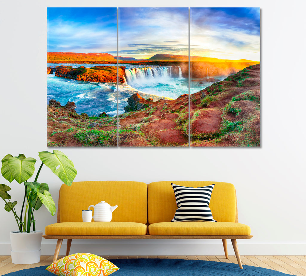 Godafoss Waterfall Bardardalur Valley Iceland Canvas Print ArtLexy 3 Panels 36"x24" inches 