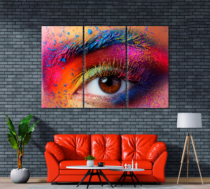 Female Eye Close-Up with Multi Colored Makeup. Holi Festival Canvas Print ArtLexy 3 Panels 36"x24" inches 