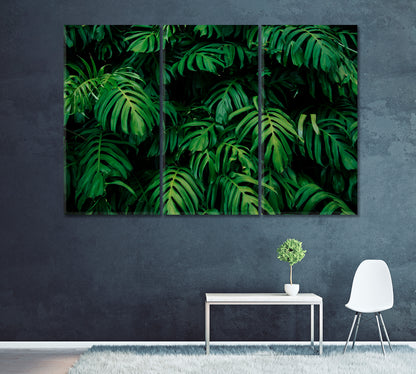 Green Leaves of Monstera Philodendron Plant Canvas Print ArtLexy 3 Panels 36"x24" inches 