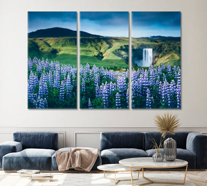 Summer view of Skogafoss Waterfall with Lupine Flowers Canvas Print ArtLexy 3 Panels 36"x24" inches 