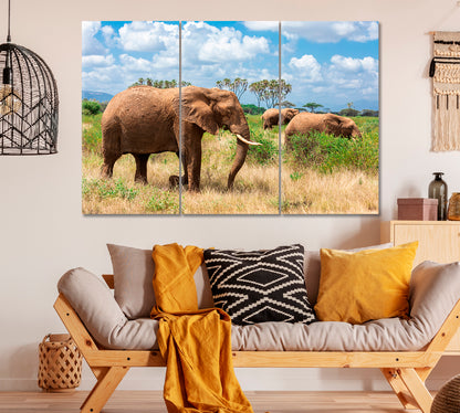 Elephants in Kenya Savanna Canvas Print ArtLexy 3 Panels 36"x24" inches 