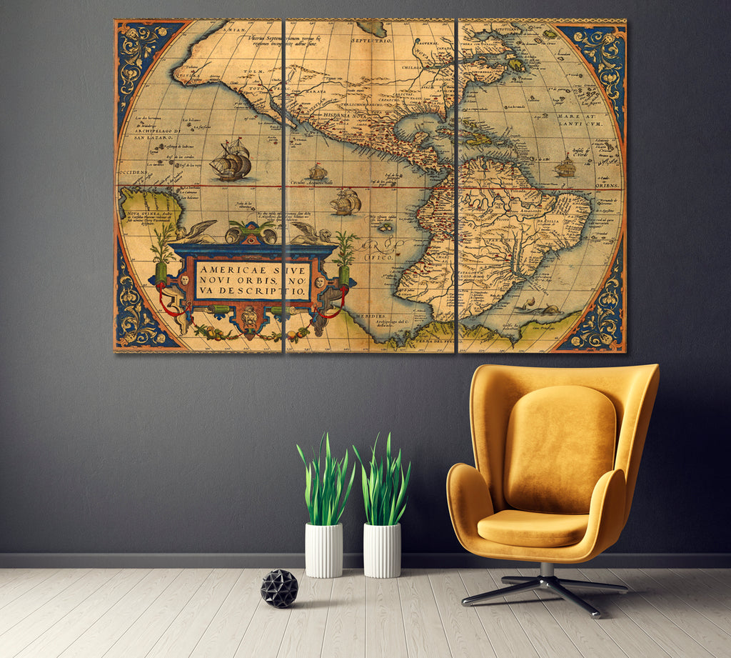 Antique Map of North and South America Canvas Print ArtLexy 3 Panels 36"x24" inches 