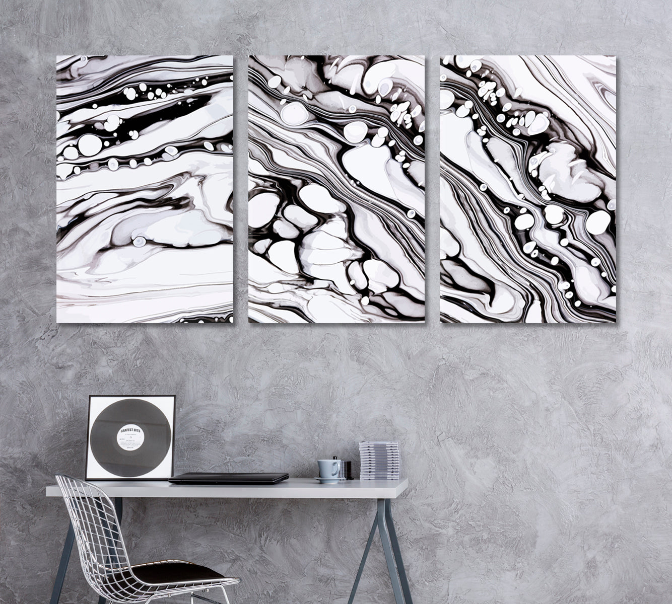 Set of 3 Abstract Black & White Fluid Marble Waves Canvas Print ArtLexy   