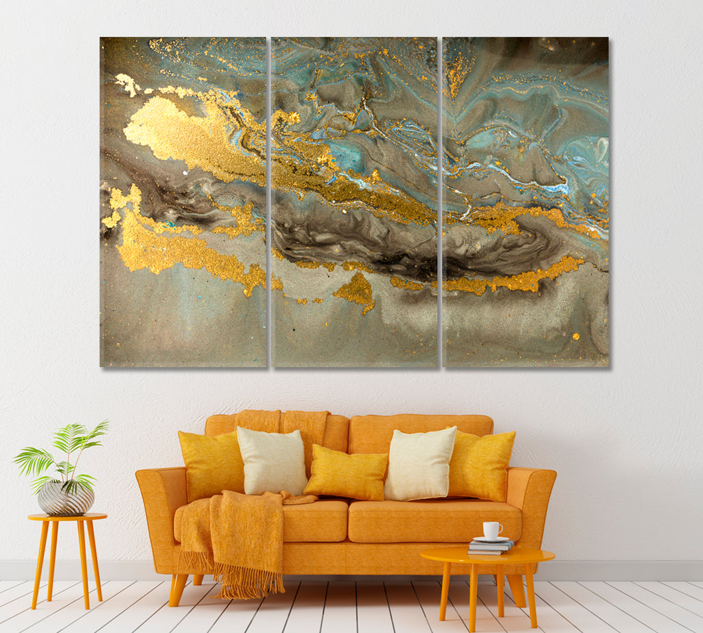 Gold Marble Fluid Painting Canvas Print ArtLexy 3 Panels 36"x24" inches 
