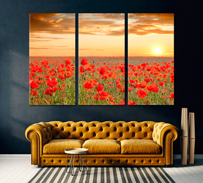 Amazing Poppy Field Landscape Canvas Print ArtLexy 3 Panels 36"x24" inches 