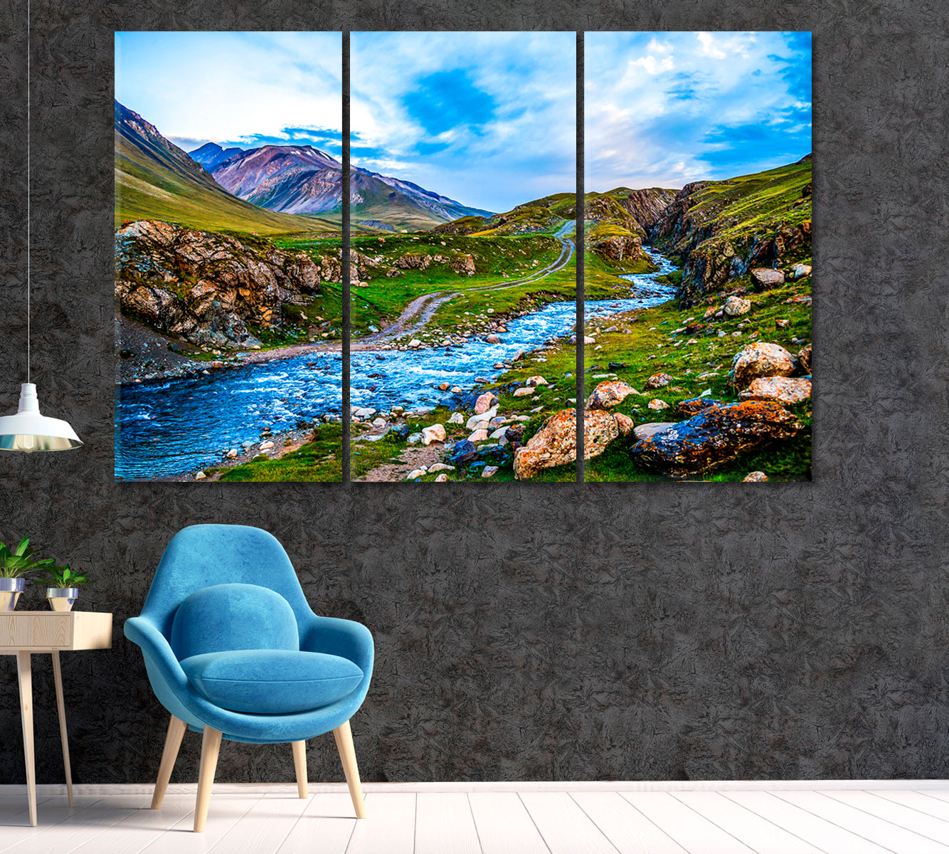 Mountain River Landscape Canvas Print ArtLexy 3 Panels 36"x24" inches 