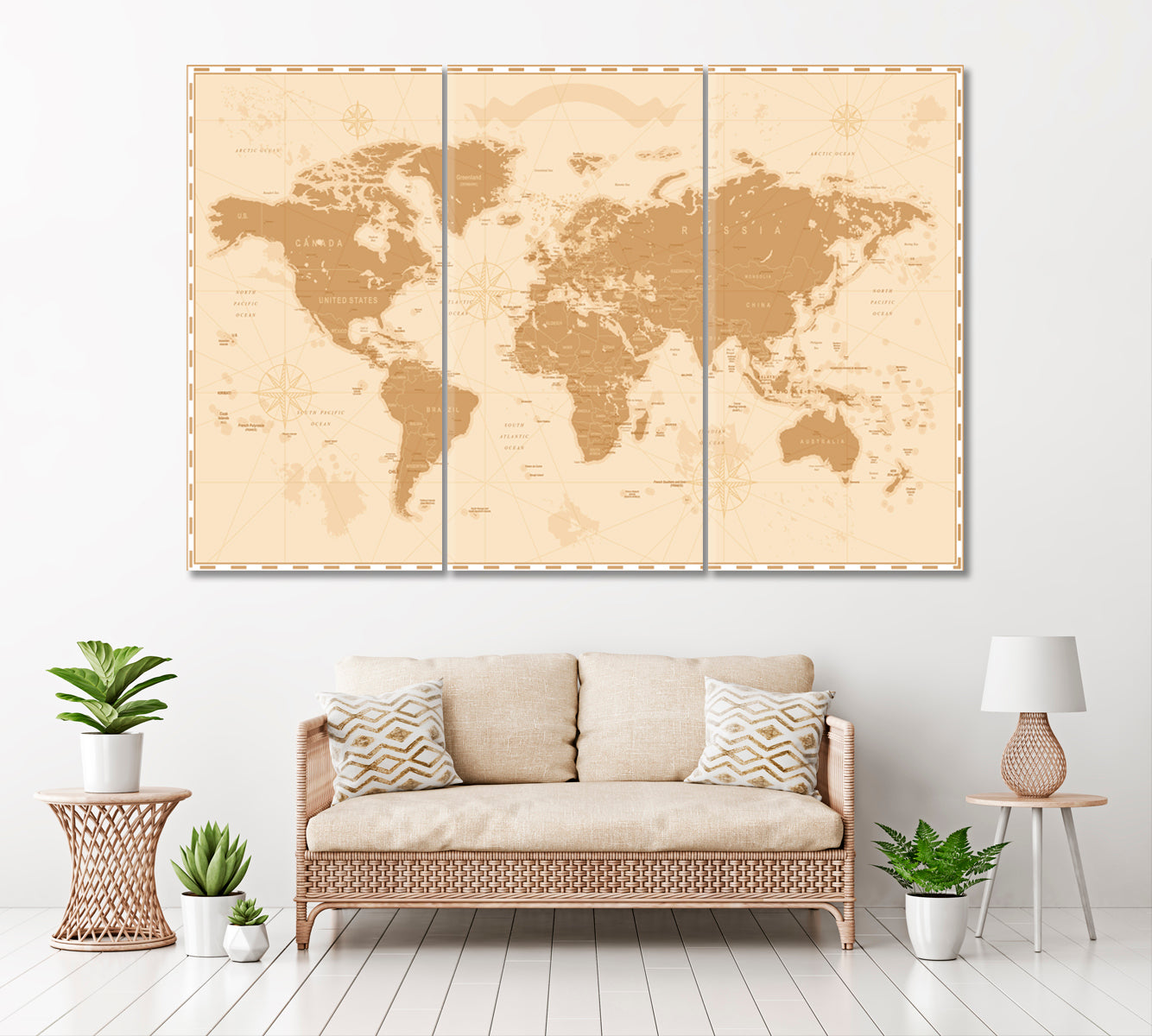 Retro World Map Canvas Print ArtLexy 3 Panels 36"x24" inches 