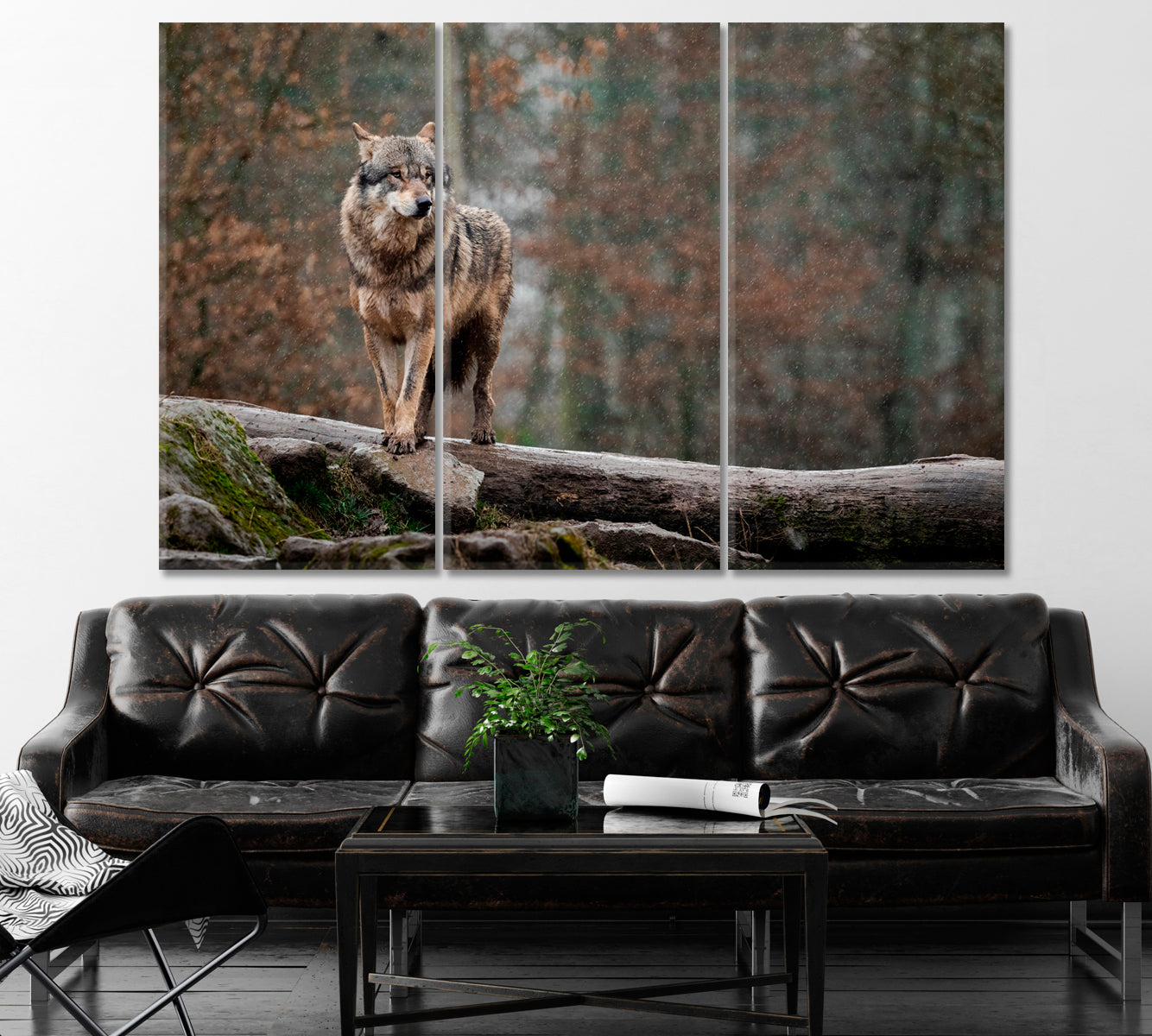 Wild Gray Wolf in Forest Canvas Print ArtLexy 3 Panels 36"x24" inches 