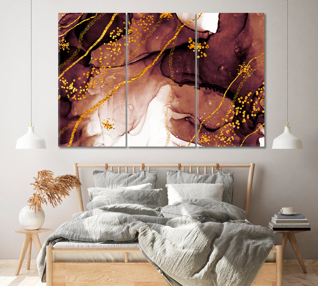 Abstract Painting with Golden Swirls Canvas Print ArtLexy 3 Panels 36"x24" inches 