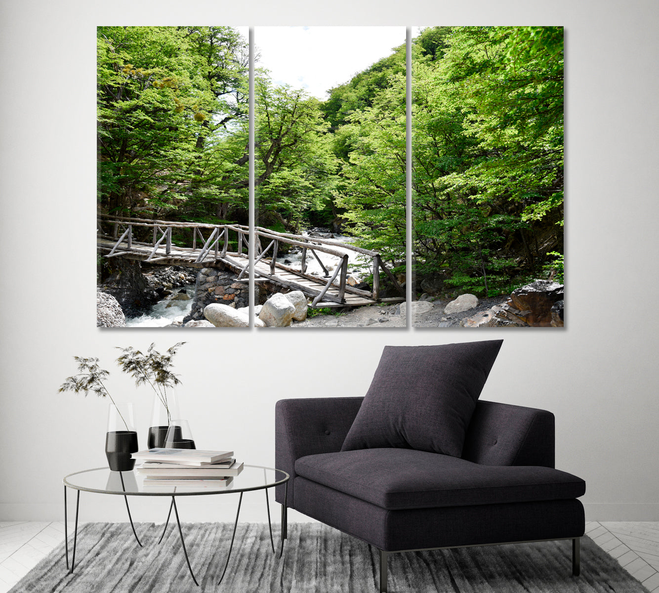 Beautiful Wooden Bridge Across River Canvas Print ArtLexy 3 Panels 36"x24" inches 