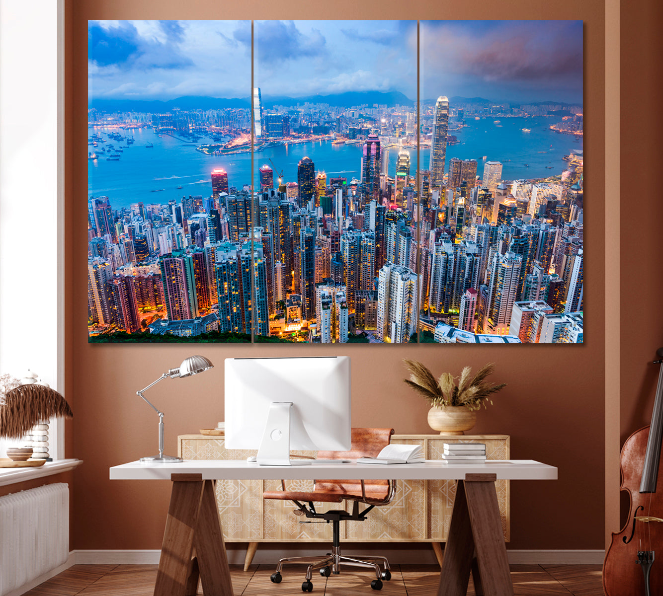 Hong Kong City Skyline Canvas Print ArtLexy 3 Panels 36"x24" inches 