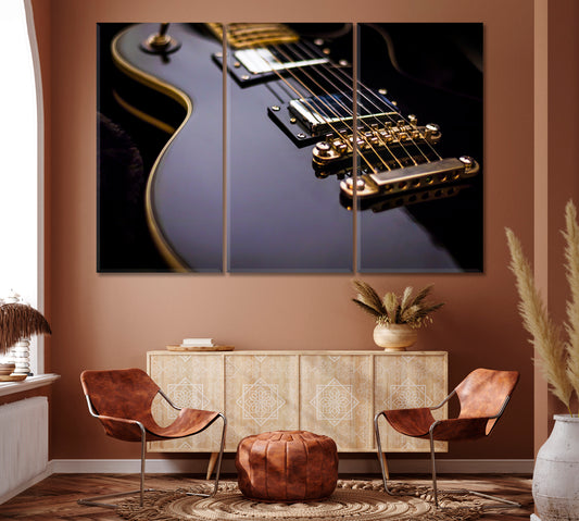 Black Electric Guitar Closeup Canvas Print ArtLexy 3 Panels 36"x24" inches 