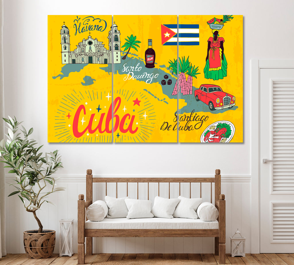 Cartoon Map of Cuba with National Color and Attractions Canvas Print ArtLexy 3 Panels 36"x24" inches 
