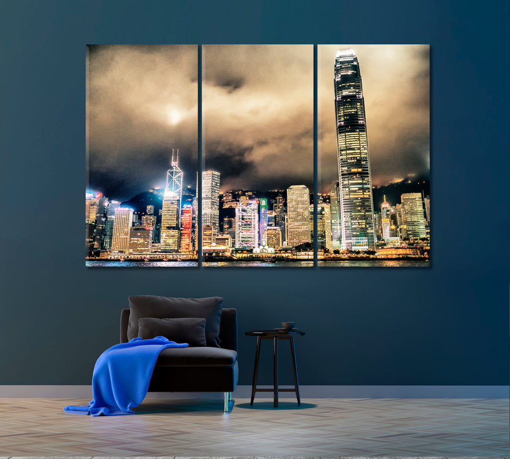 Hong Kong Cityscape at Night Canvas Print ArtLexy 3 Panels 36"x24" inches 