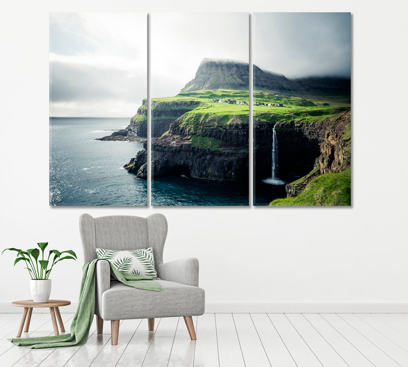 Mulafossur Waterfall Faroe Islands Denmark Canvas Print ArtLexy 3 Panels 36"x24" inches 