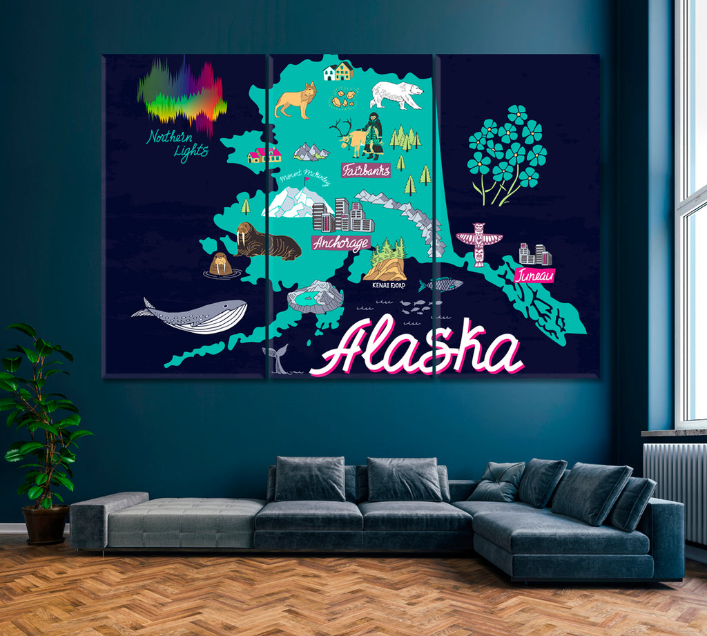Map of Alaska USA with Attractions Canvas Print ArtLexy 3 Panels 36"x24" inches 