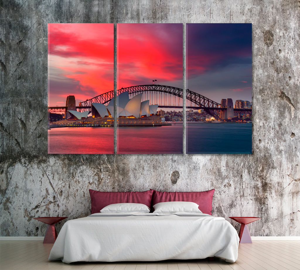 Sydney Opera House and Harbour Bridge at Sunset Canvas Print ArtLexy 3 Panels 36"x24" inches 