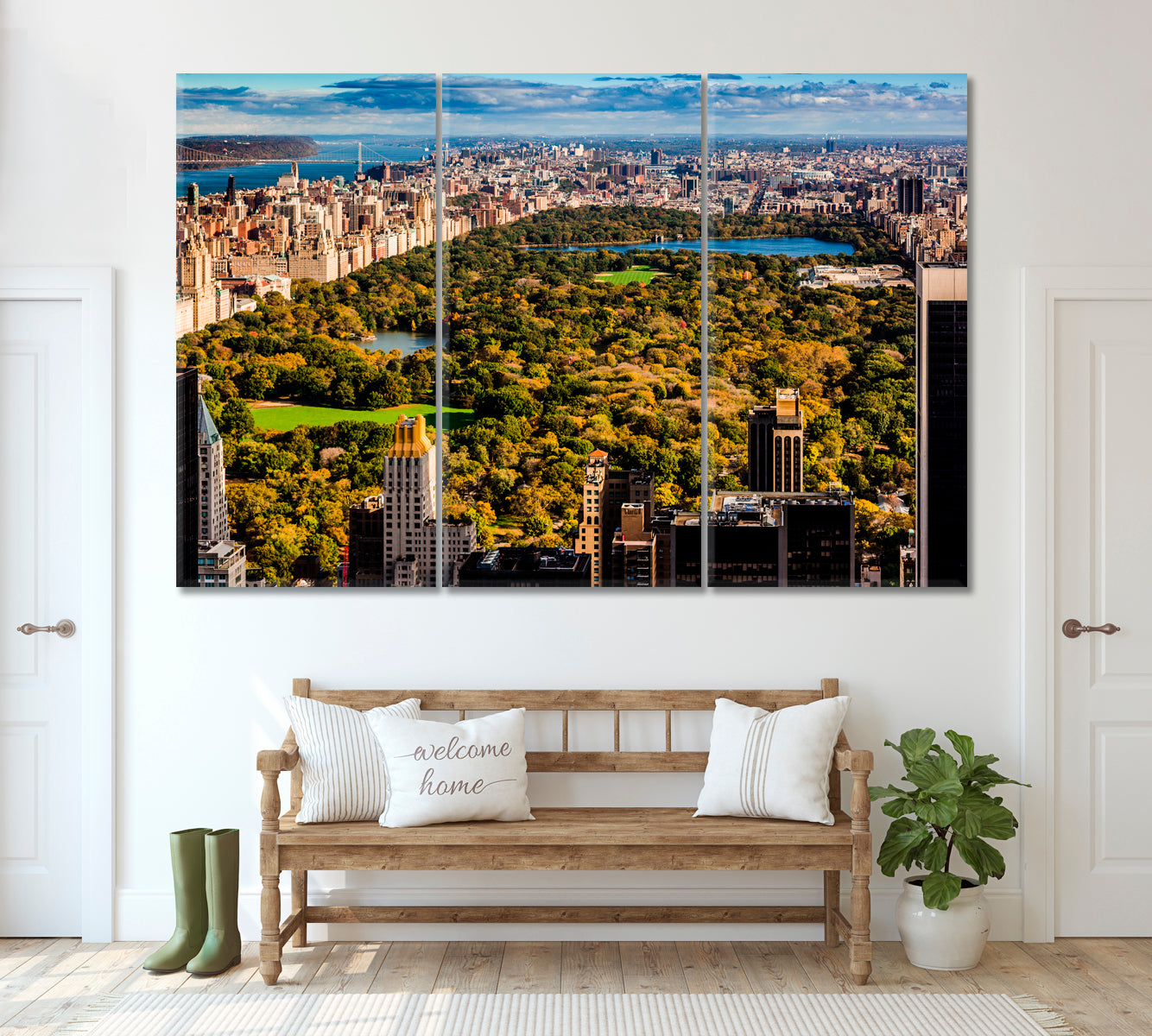 New York Central Park Autumn Morning Canvas Print ArtLexy 3 Panels 36"x24" inches 